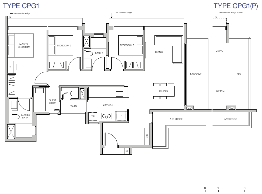 3-Bedroom Premium + Guest · Type CPG1 · 1,259 – 1,302 sqft